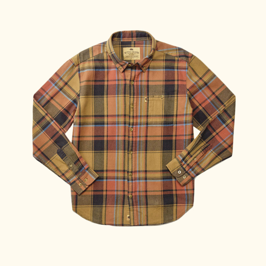 Styled photo of Fairbanks Flannel Shirt Canyon Timber worn outdoors – lumberjack aesthetic in earth tones