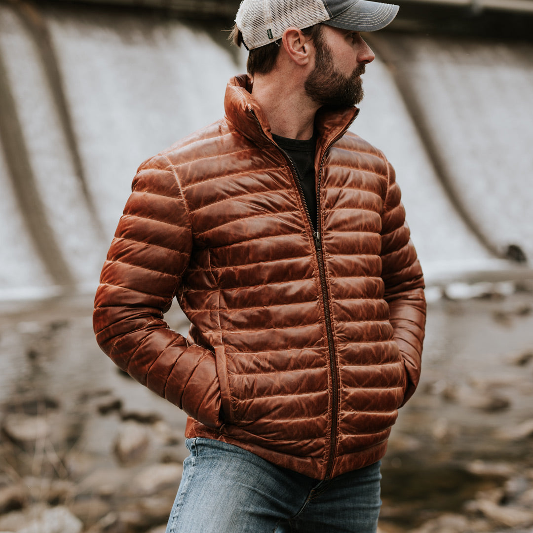 Mens Vintage Leather down jacket
