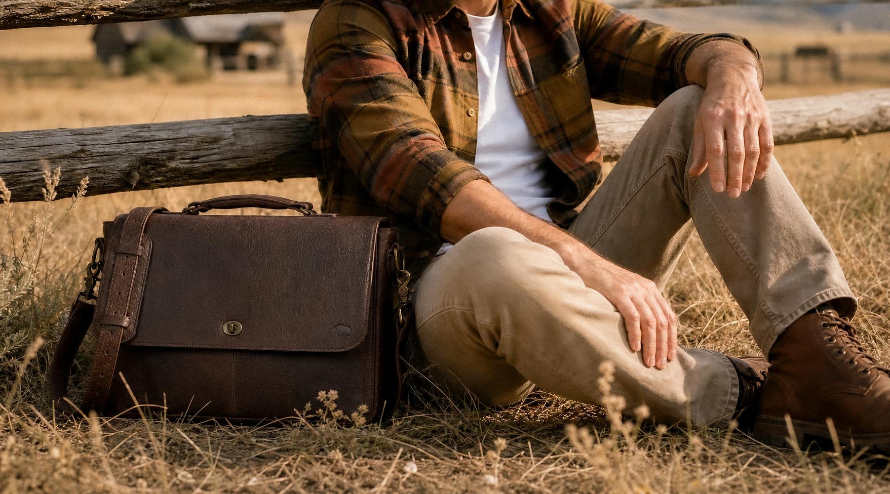 Man in flannel with the Roosevelt leather messenger bag beside him in a rustic outdoor setting